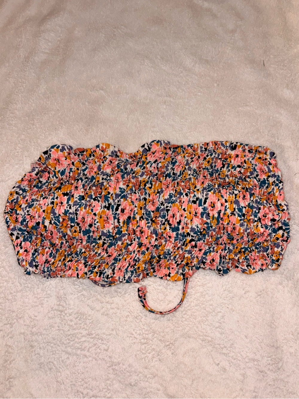 Xhilaration Pink Floral Smocked Bikini Top with Blue and Yellow Accents